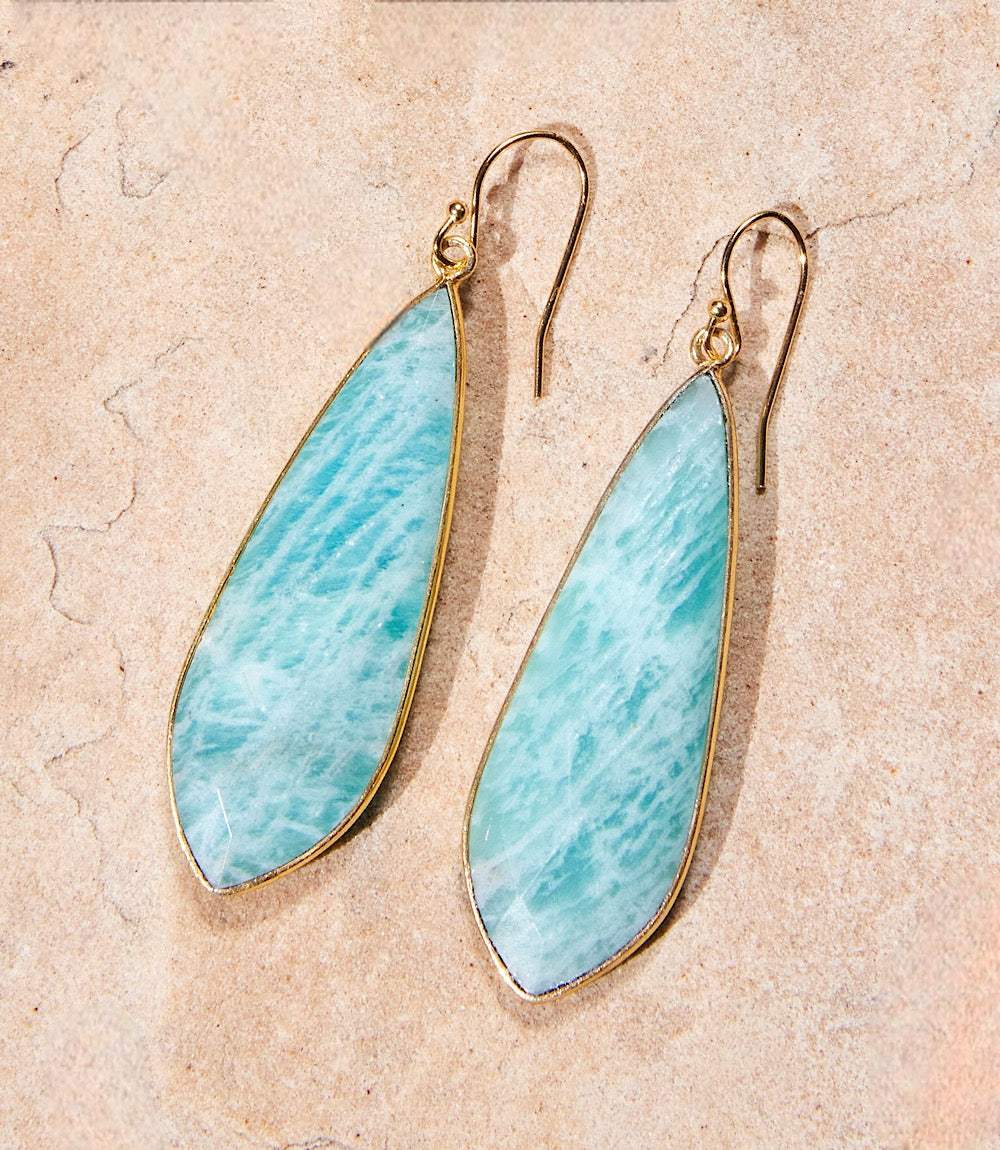 Large natural gemstone earrings with amazonite stones set in gold-plated sterling silver, kite-shaped drop design
