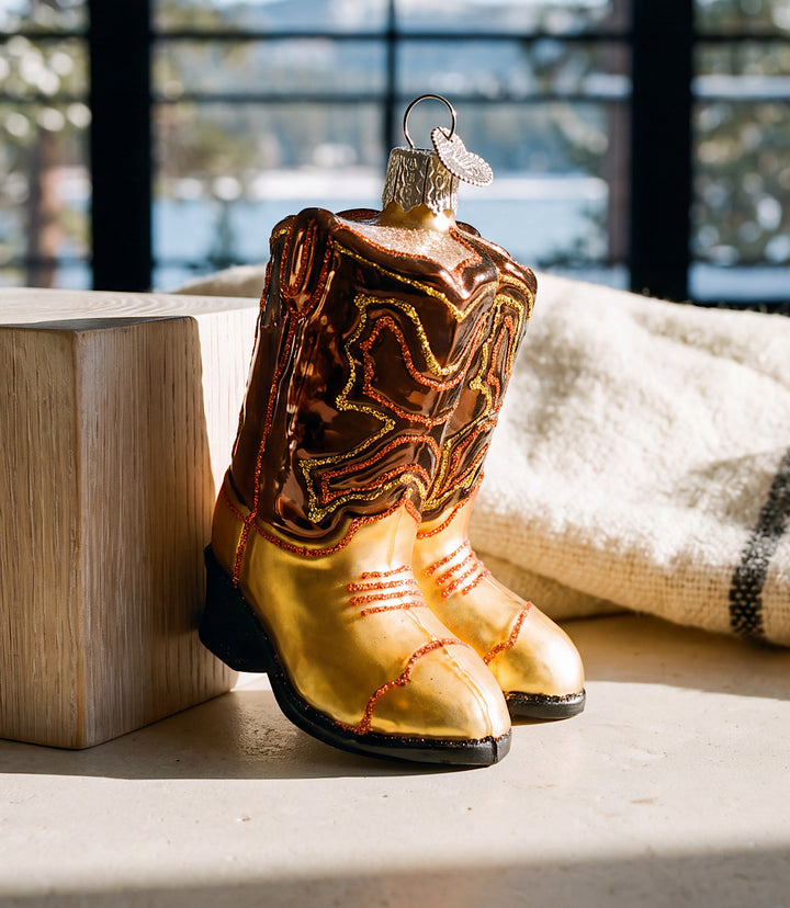 Brown Pair Of Cowboy Boots Glass Ornament