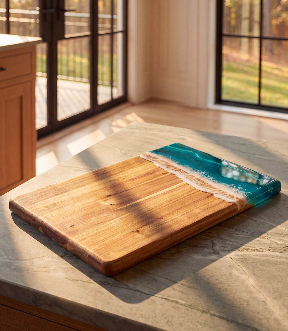 Ocean Waves Wooden Serving Tray made of acacia hardwood and resin with ocean wave design