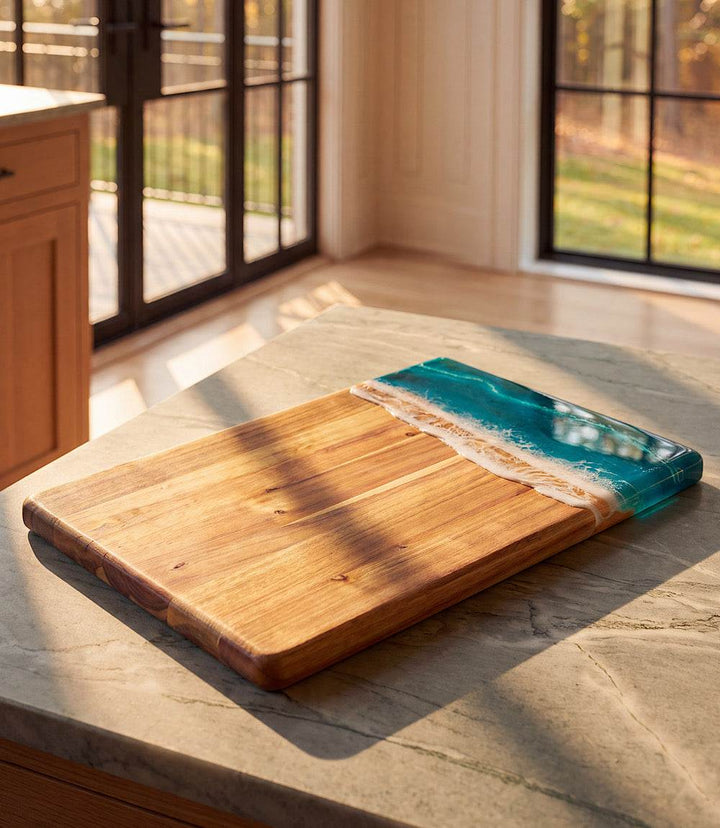 Ocean Waves Wooden Serving Tray made of acacia hardwood and resin with ocean wave design