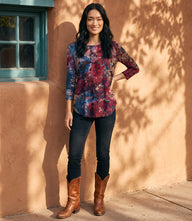 Petite Size 3/4 Sleeve Tie-Dye Burnout Shirttail Top