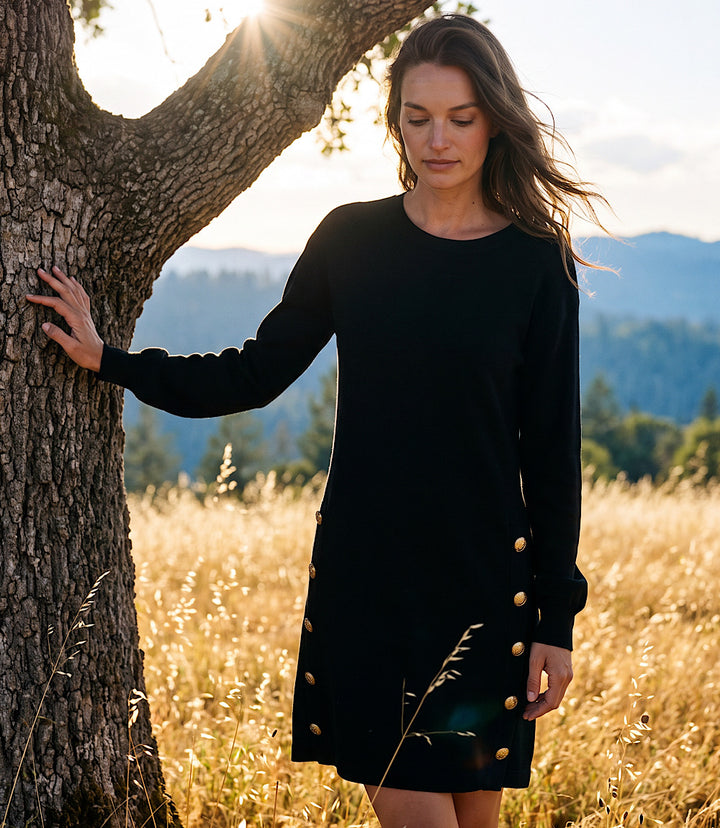 Long Sleeve Crewneck Button Detail Dress