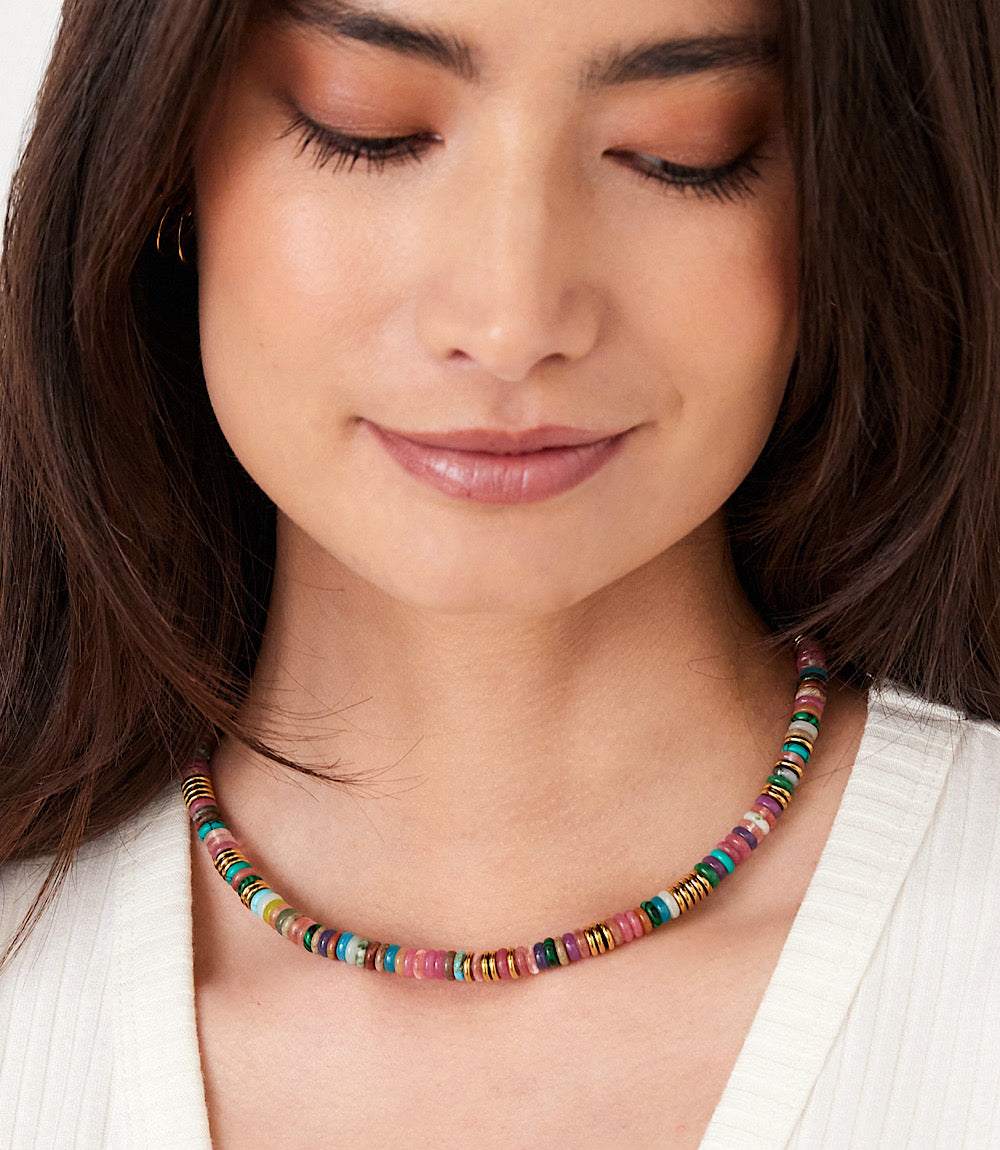 Beaded Shell Necklace with multicolored beads and gold-tone accents, adjustable lobster clasp closure