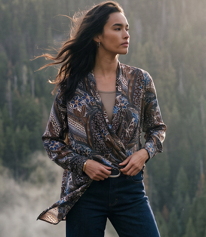 Long Sleeve Contrast Double Layer Wrap Top