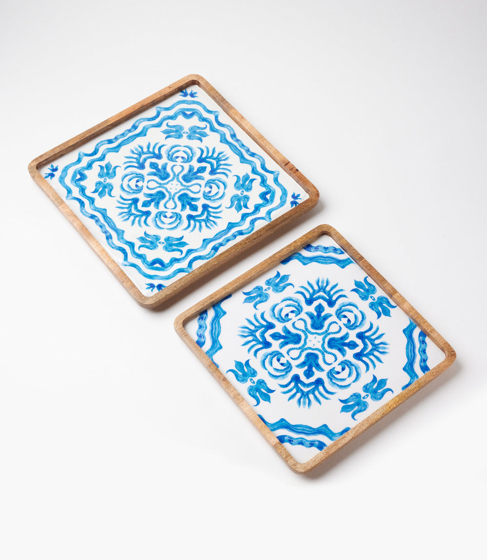 Blue Block Print Serving Trays, Set Of 2