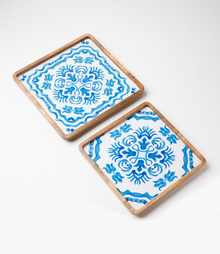Blue Block Print Serving Trays, Set Of 2