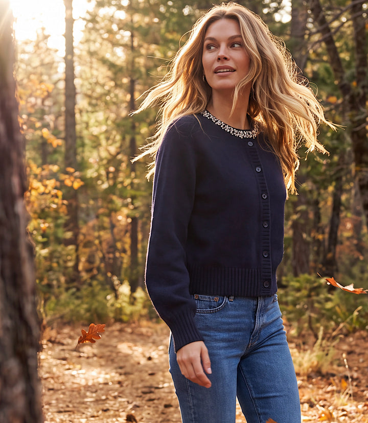 Embellished Crewneck Cardigan Sweater