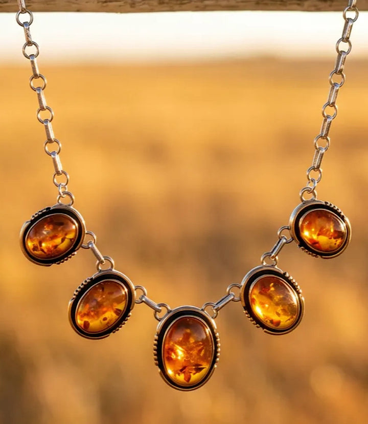 Vintage Amber Station Necklace And Earring Set