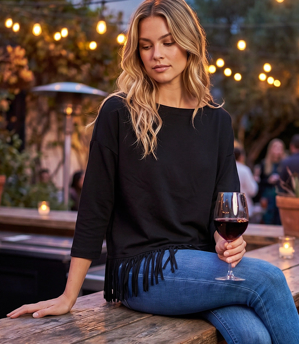 3/4 Sleeve Fringe Boatneck Top