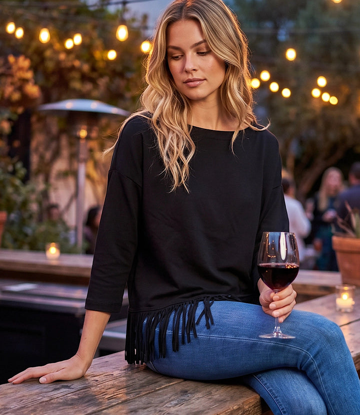3/4 Sleeve Fringe Boatneck Top