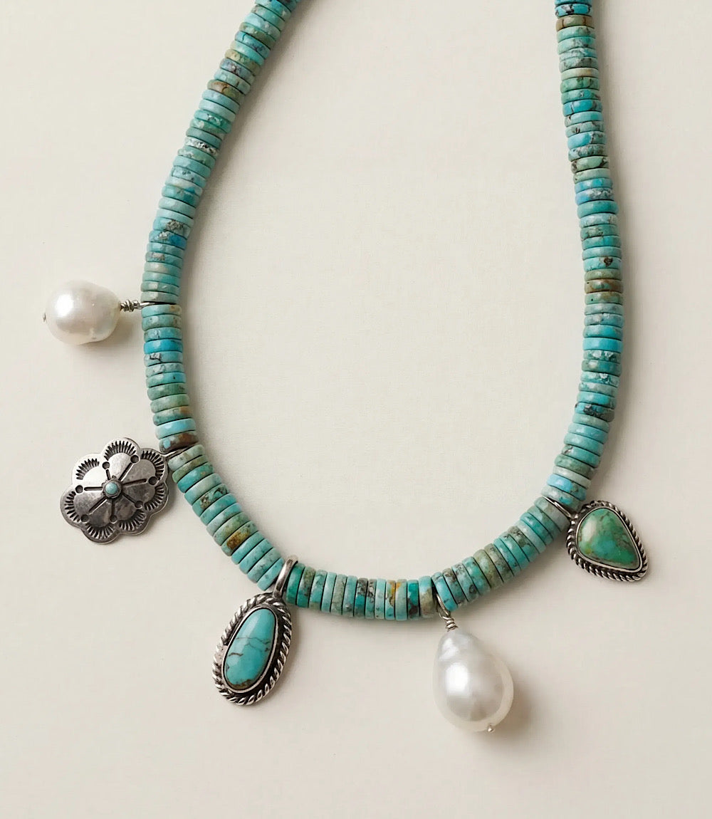 Vintage Turquoise And Pearl Charm Beaded Necklace