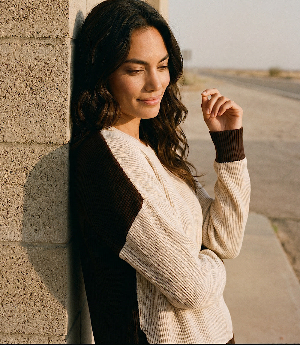 Ribbed Long Sleeve Colorblock Crewneck Top