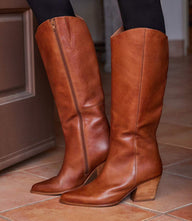 Seychelles Begging You tan pointed toe western high boots with block heel and side zipper