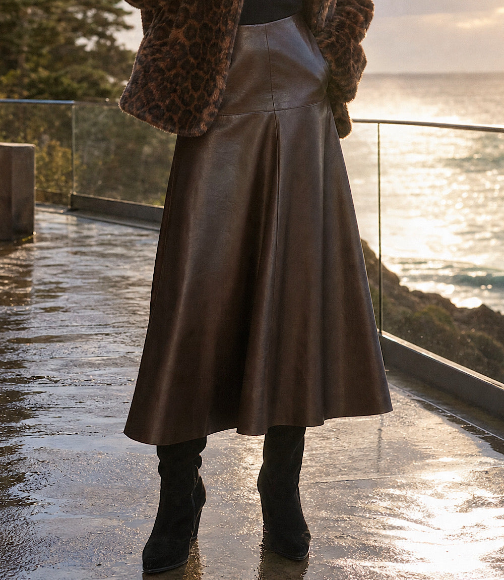 Petite Size Faux Leather Midi Skirt