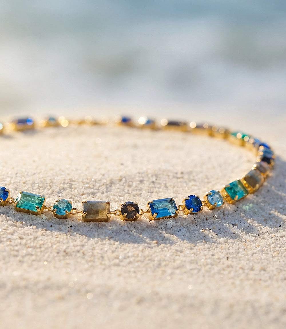 Atlantis Crystal Necklace with rainbow moonstone and cubic zirconia on 14-inch 4k gold vermeil chain