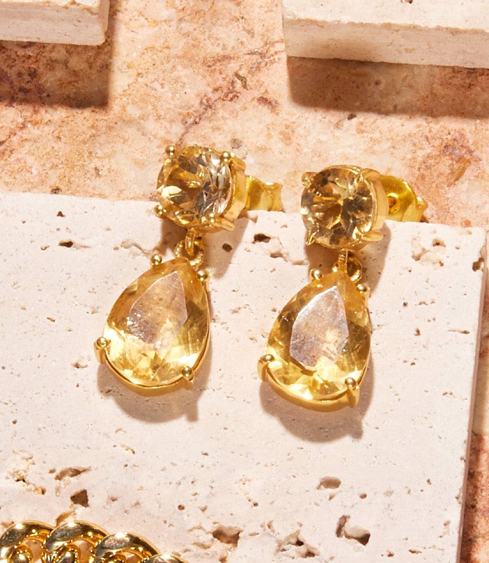 Citrine gem earrings with round stud and pear-shaped drop in 18K gold plated recycled brass