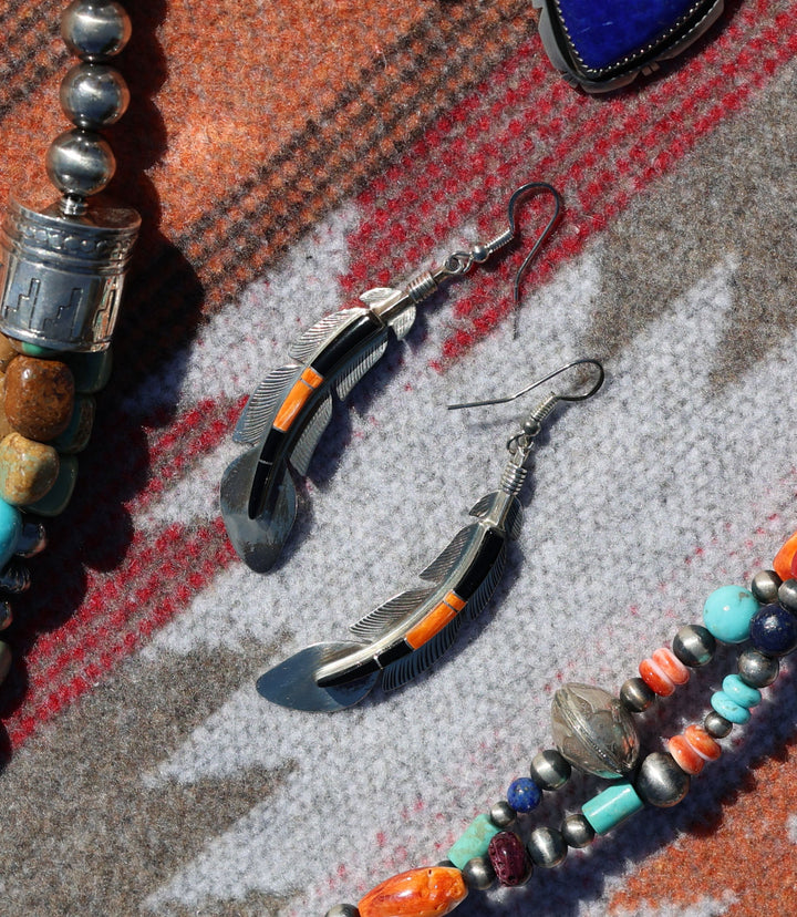 Onyx Spiny Oyster Inlay Silver Feather Earrings