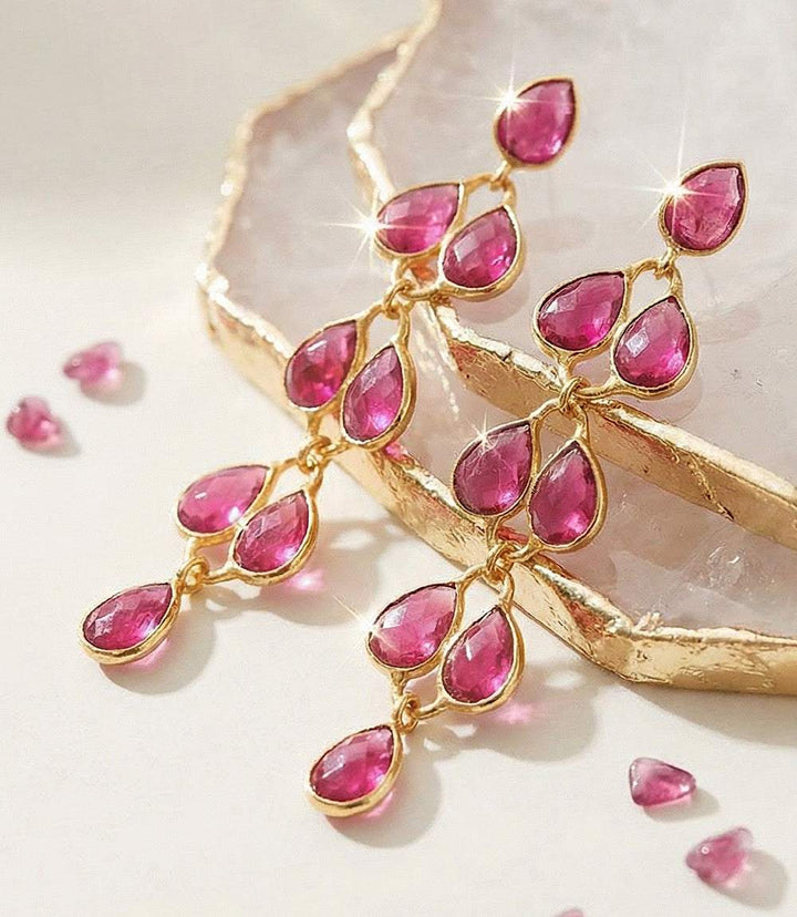 Gold plated Feather Drop Gemstone Earrings with pink gemstones, 2.75" length