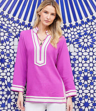 The St. Tropez Tunic in purple linen blend with cream grosgrain ribbon trim and mandarin collar.