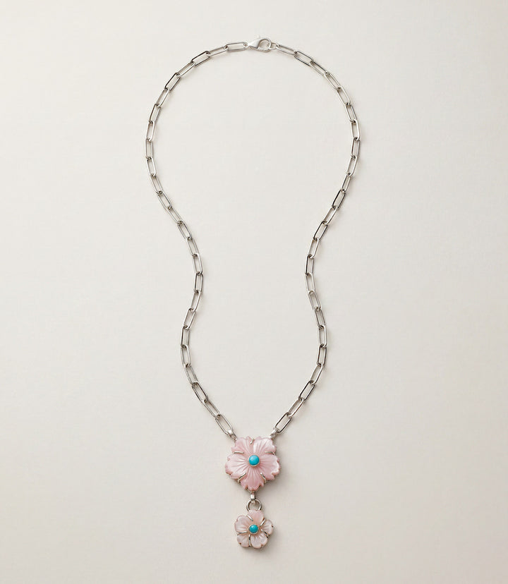 Pink Conch And Turquoise Double Flower Necklace