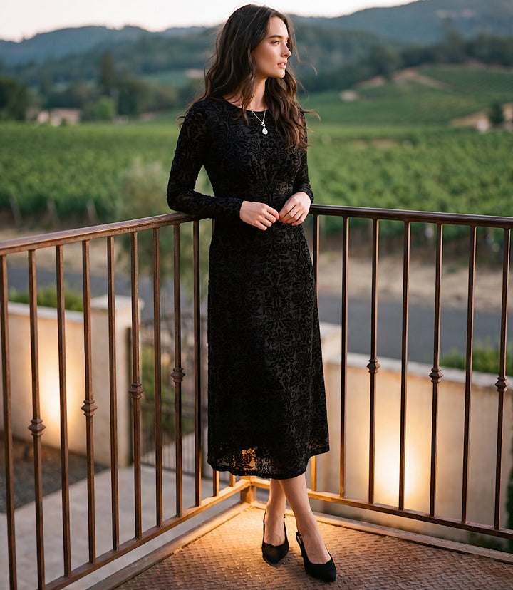 Long Sleeve Velvet Burnout Midi Dress
