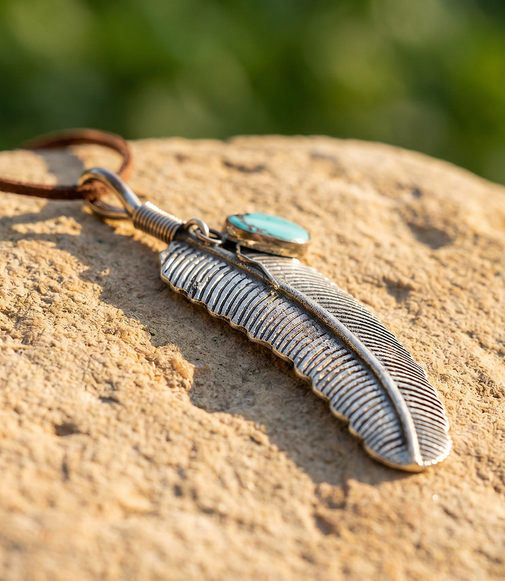 Leather Cord Feather Kingman Turquoise Necklace