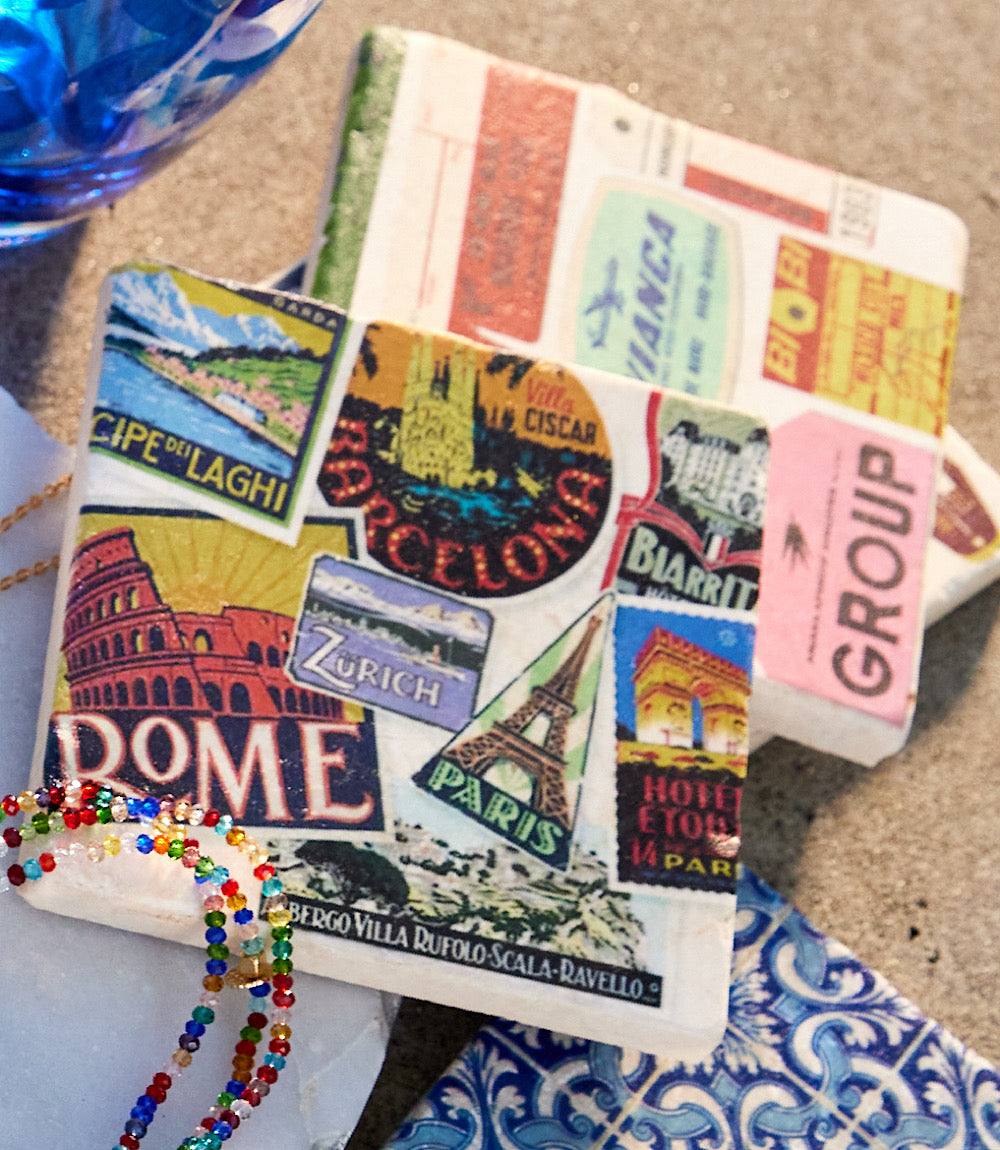 Luggage Tag Marble Coasters, Set Of 4