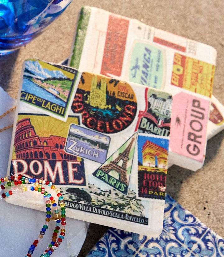 Luggage Tag Marble Coasters, Set Of 4