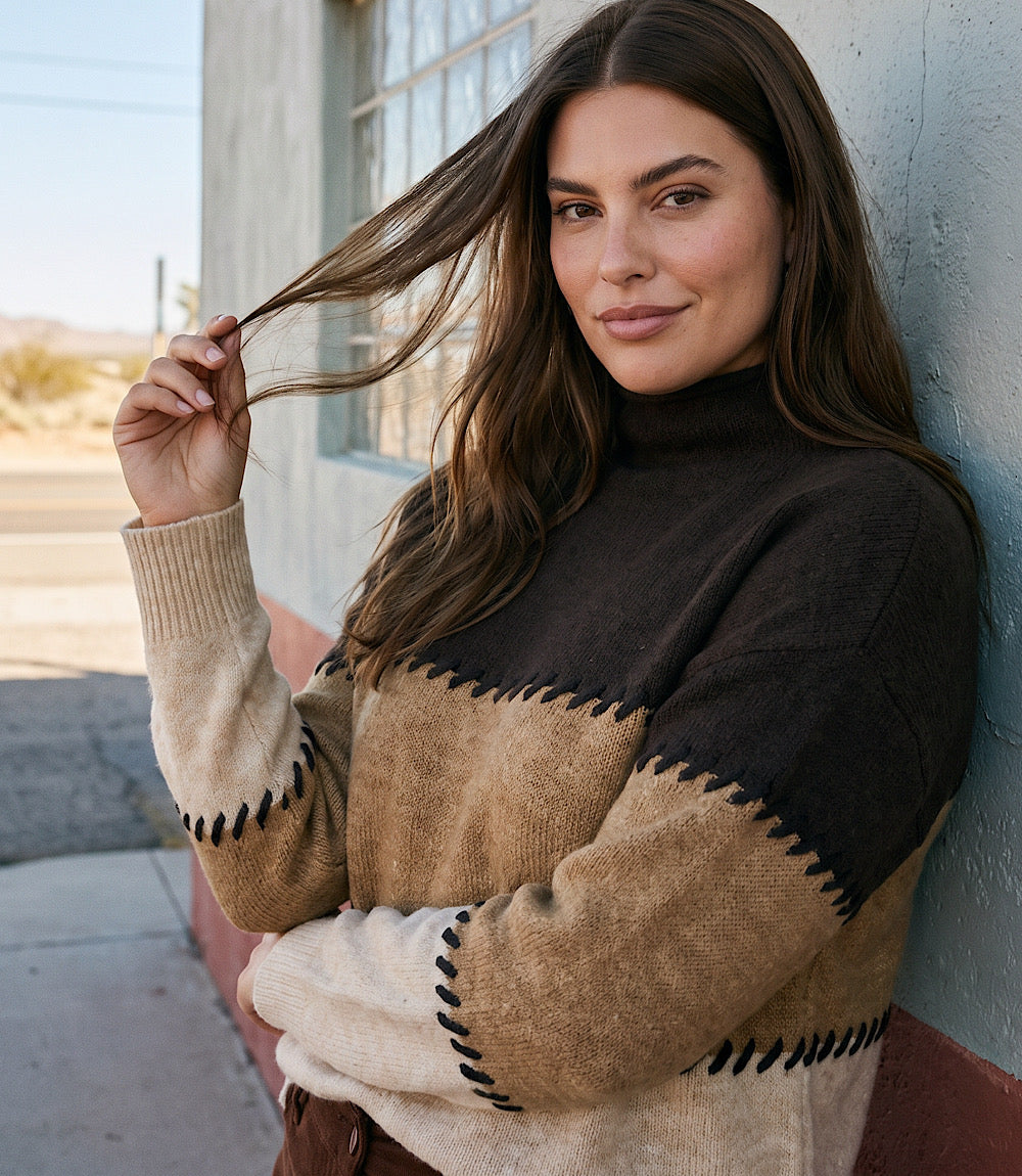 Plus Size Contrast Stitch Mock Neck Colorblock Sweater