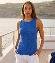 Lightweight crochet sweater tank with open-knit pattern and scalloped hem