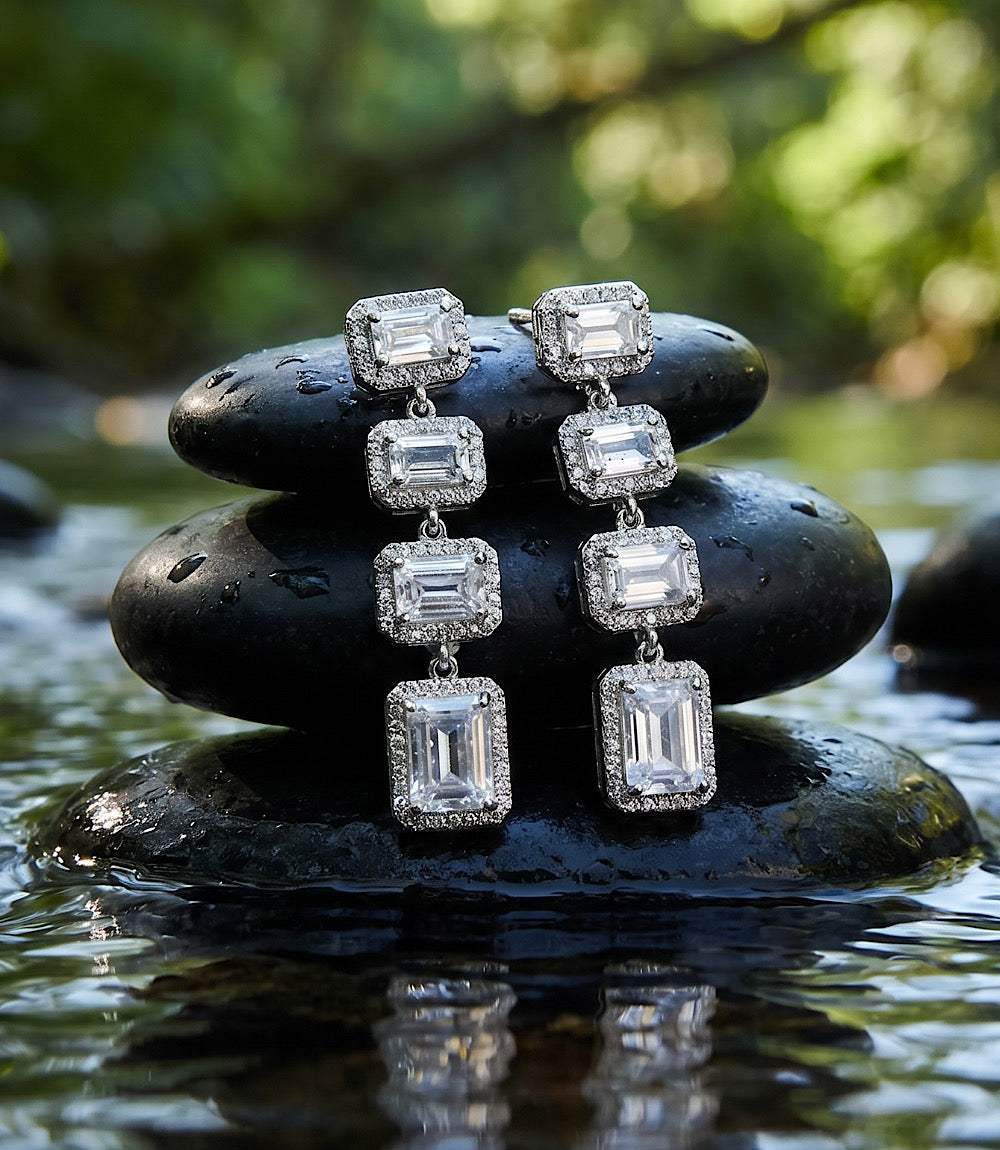 Triple crystal earrings with three emerald-cut cubic zirconia stones in 14K gold-plated brass