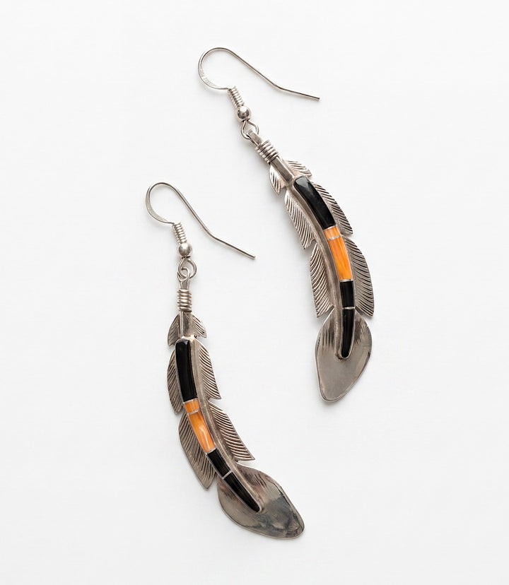 Onyx Spiny Oyster Inlay Silver Feather Earrings
