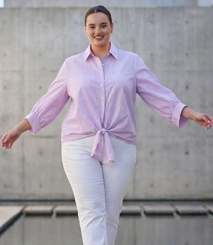 Plus Size Stripe Blouson Sleeve Embellished Tie-Front Top