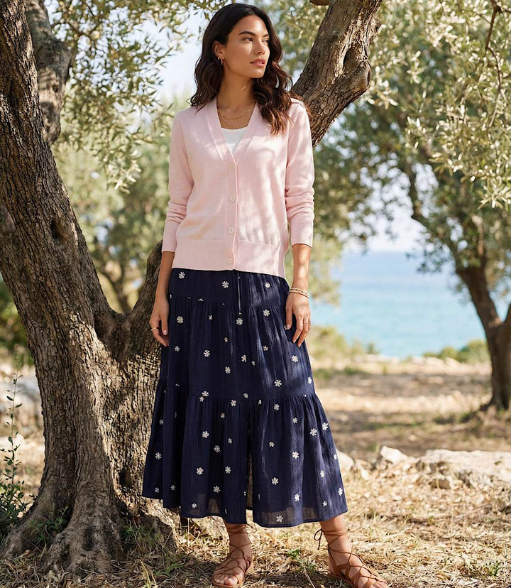 Embroidered Tiered Midi Skirt