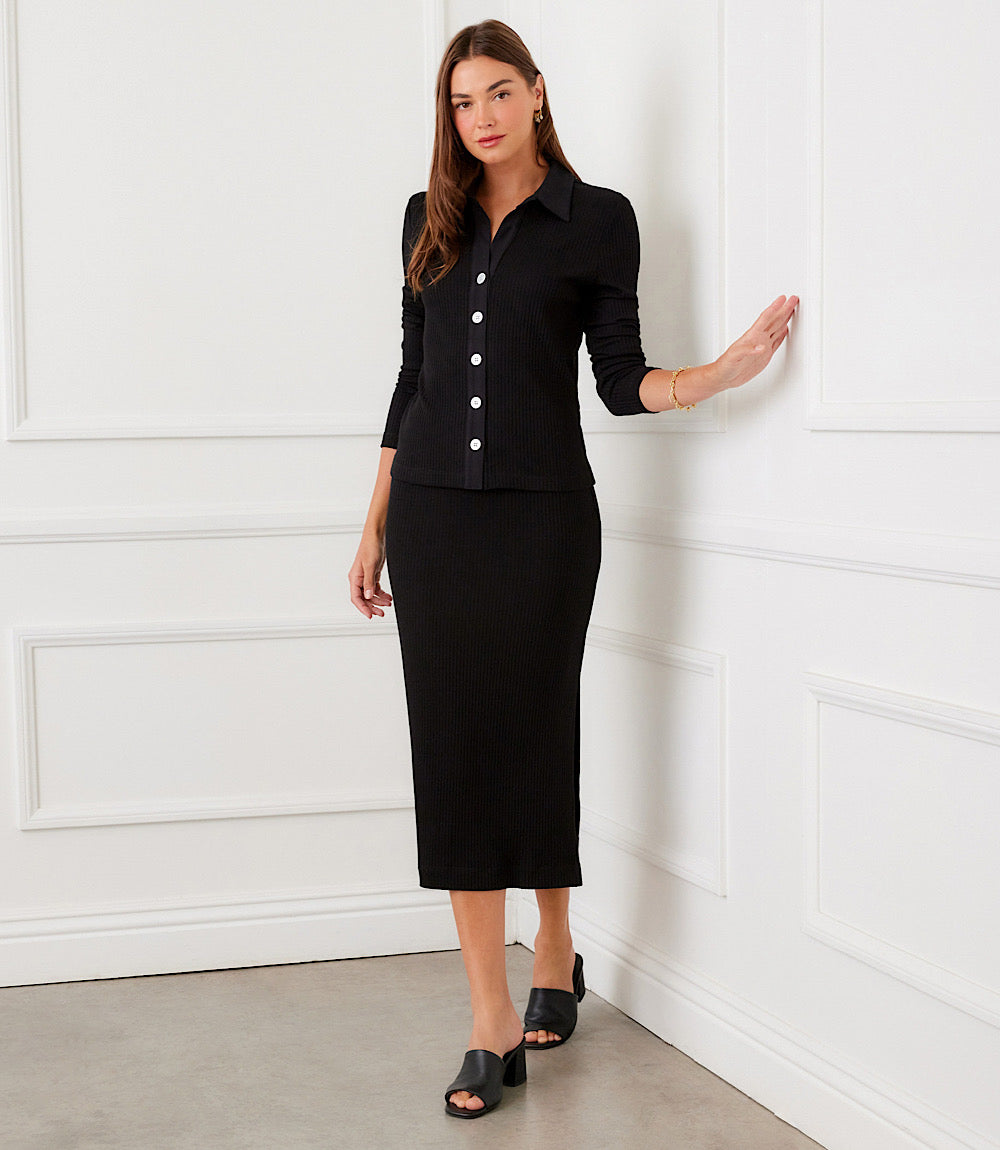 Ribbed Long Sleeve Button Front Top