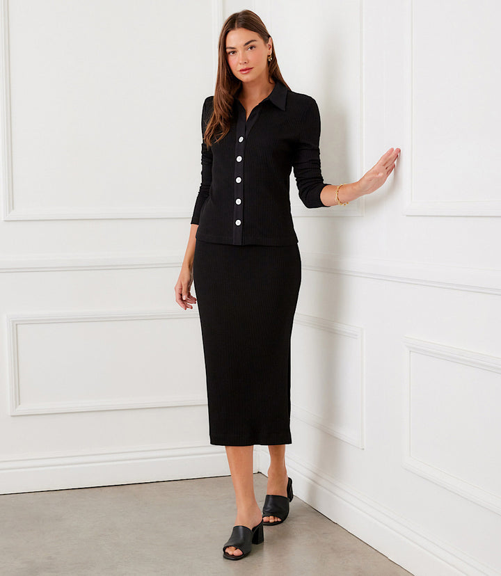 Ribbed Long Sleeve Button Front Top