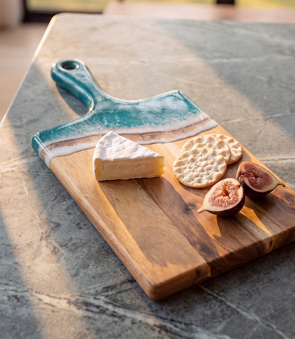 Ocean Waves Wooden Tray with handle made of acacia hardwood and resin for serving cheese and charcuterie