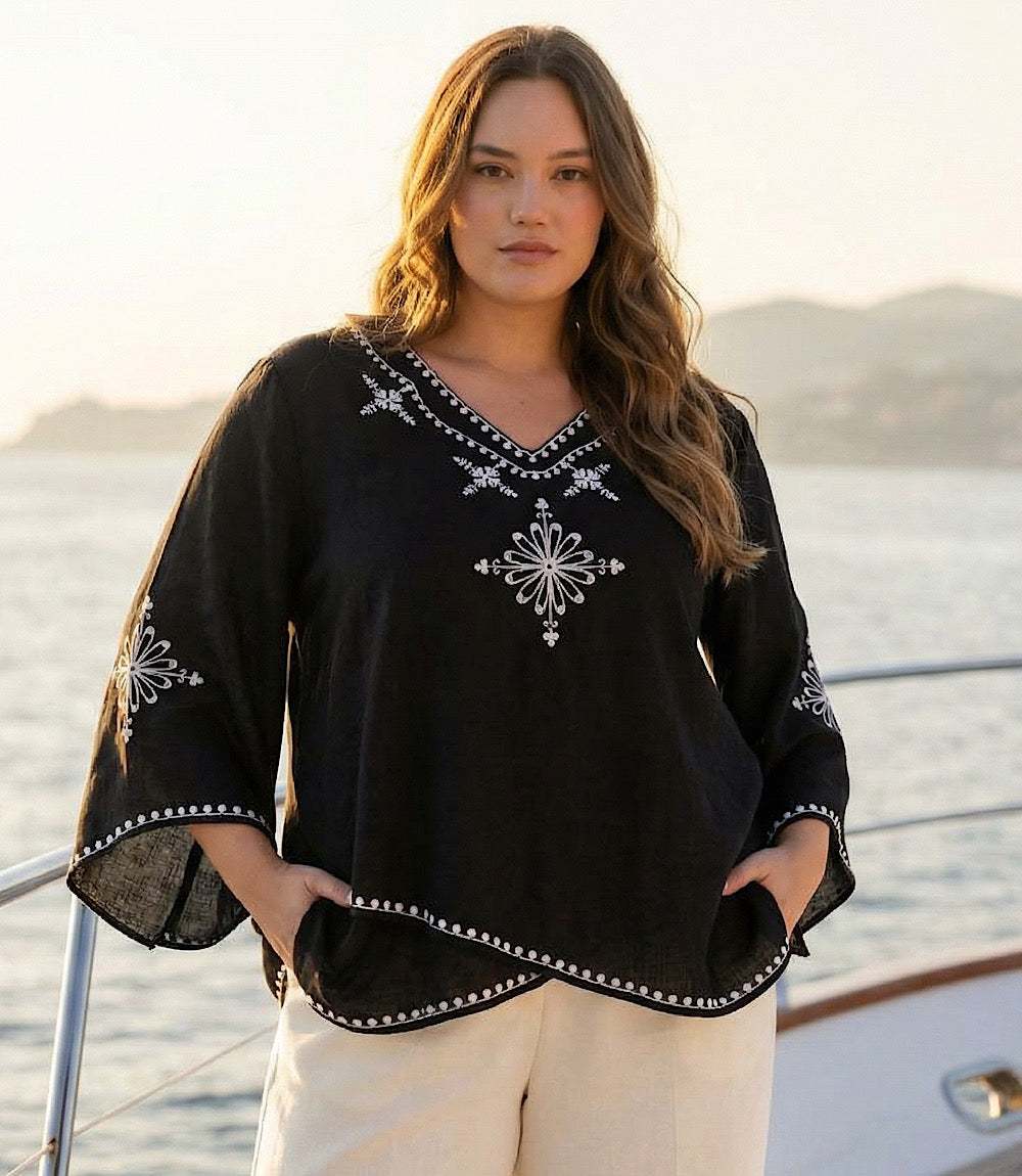 Plus size bracelet sleeve asymmetric top with embroidered flared sleeves and V-neck in black and white linen blend