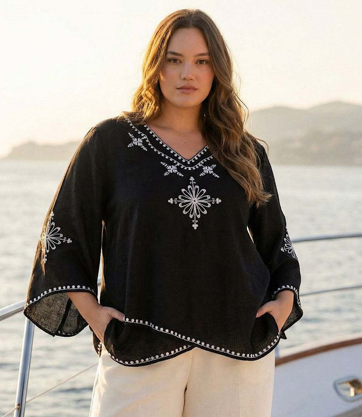 Plus size bracelet sleeve asymmetric top with embroidered flared sleeves and V-neck in black and white linen blend