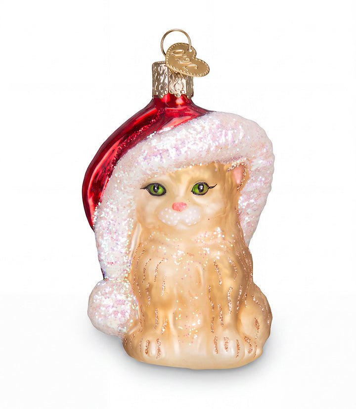 Santa's Kitten Glass Ornament
