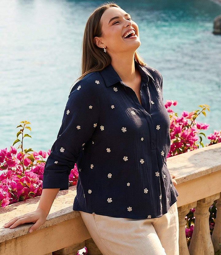 Plus Size Embroidered Ruched Sleeve Shirt