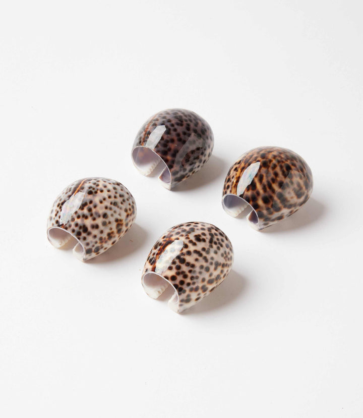 Set of 4 handcrafted cowrie napkin rings made from tiger cowrie shells with natural coastal texture