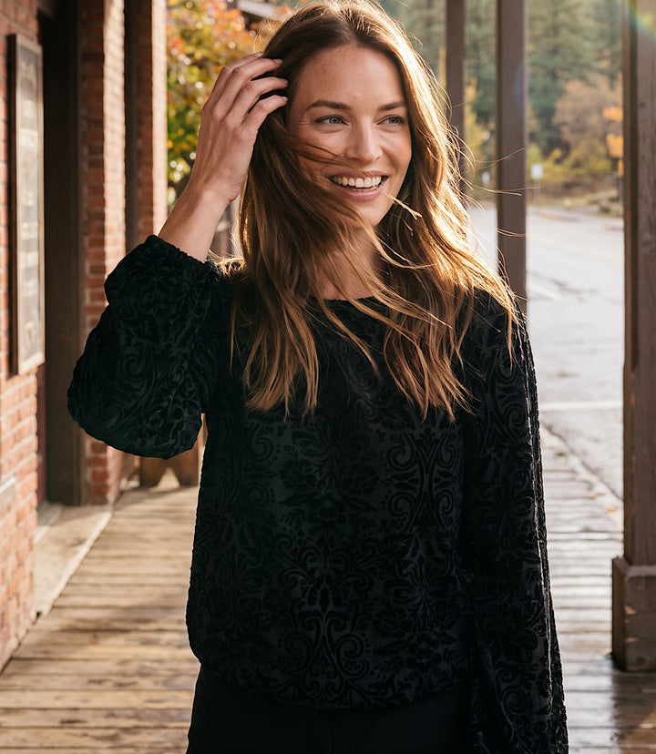 Blouson Sleeve Velvet Burnout Boatneck Top