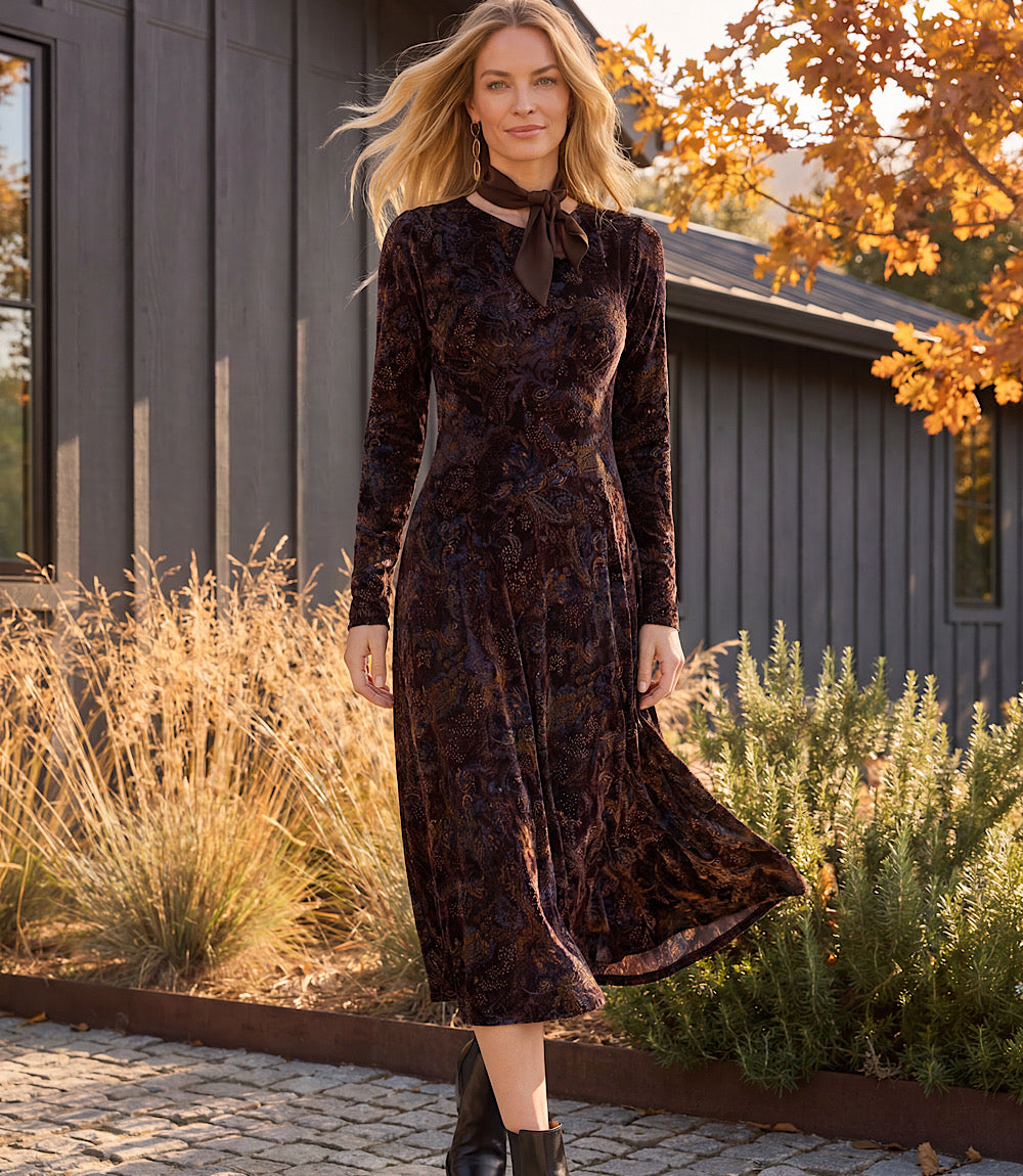 Long Sleeve Velvet Burnout Midi Dress