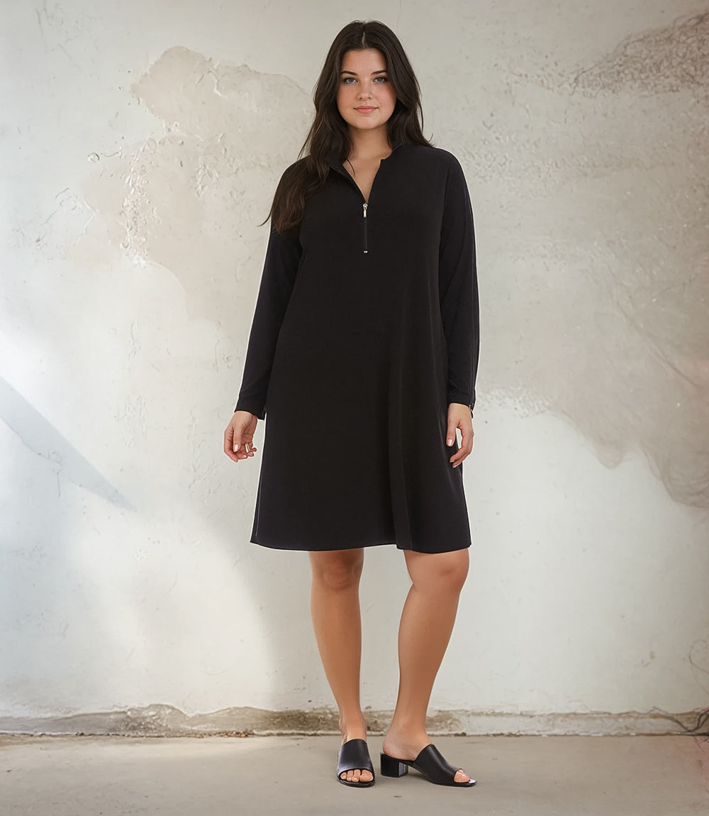 black jersey dress plus size Karen Kane Women's Plus Size 3/4 Sleeve Zip-Up Travel Dress, 1X