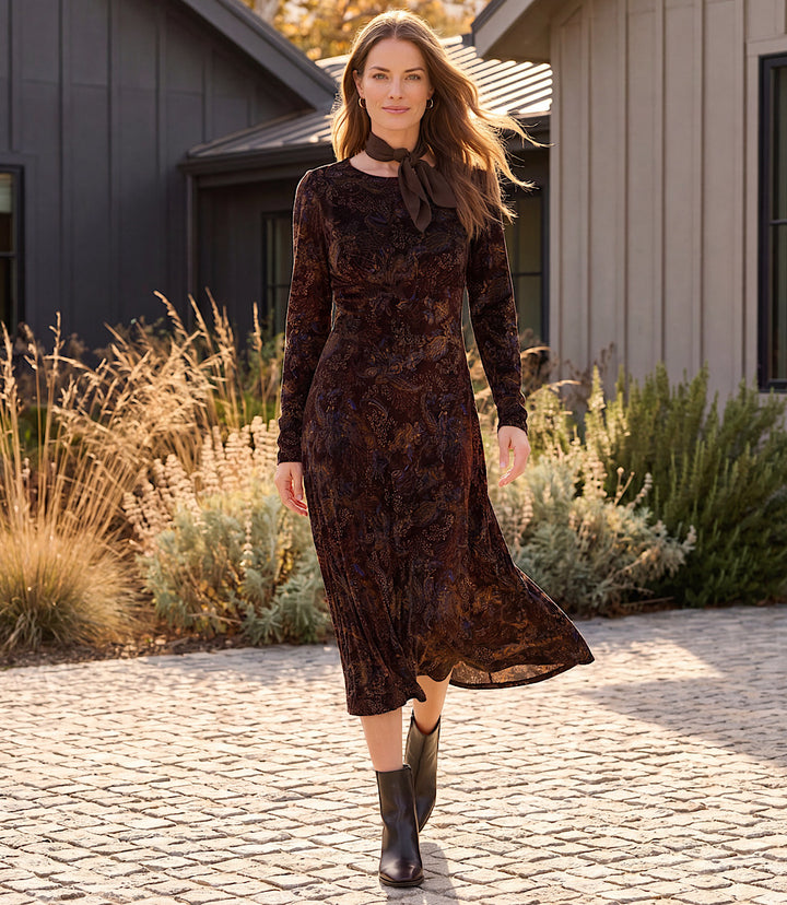 Long Sleeve Velvet Burnout Midi Dress