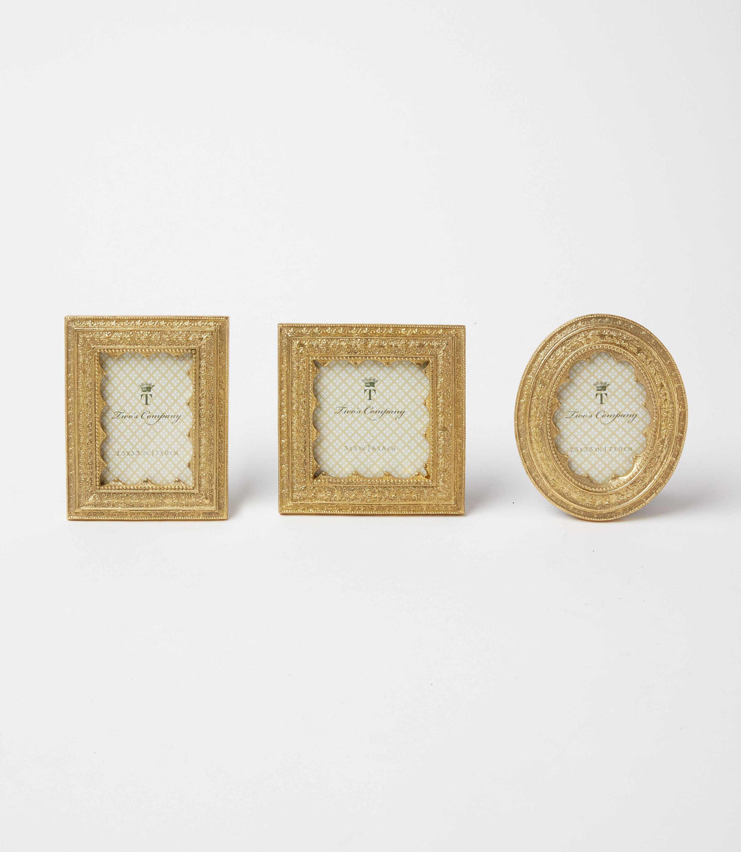 Set of 3 ornate gold picture frames in rectangular, square, and oval shapes with vintage design.