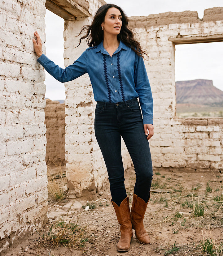 Long Sleeve Crochet Trim Button-Up Shirt