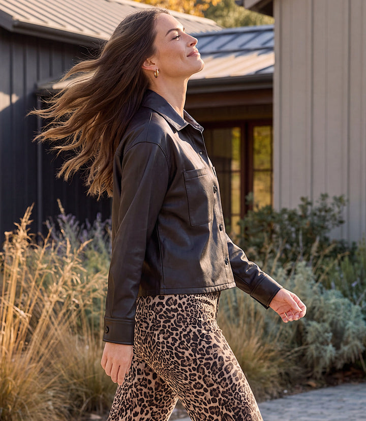 Faux Leather Long Sleeve Button-Up Shirt