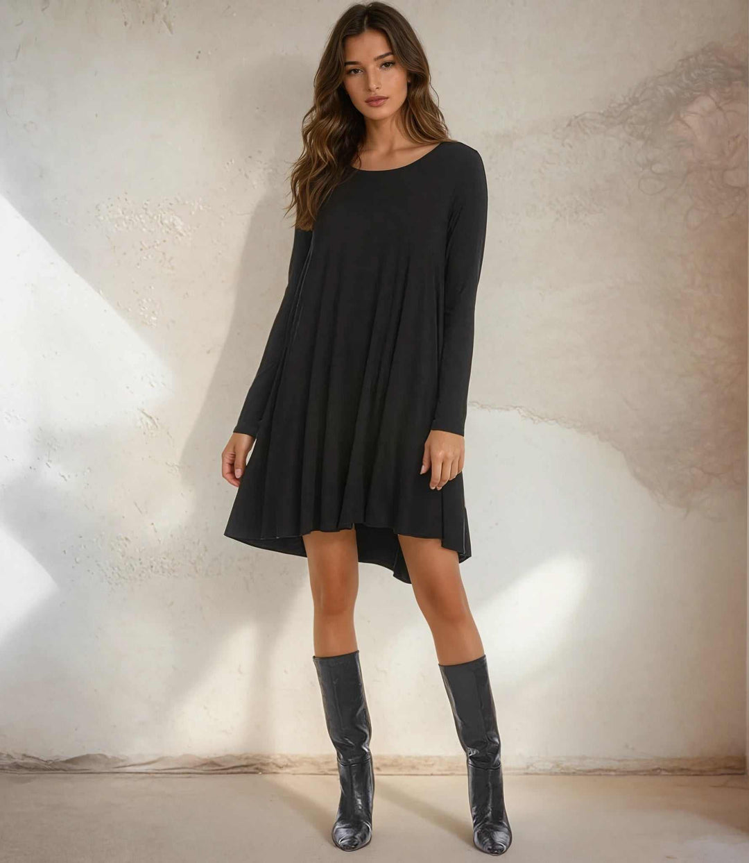 Petite size long sleeve Maggie dress in black with scoop neck and high-low hem, made from soft rayon spandex jersey.
